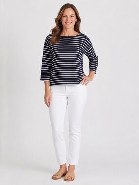 LL Bean blouse women’s size Large navy and white
